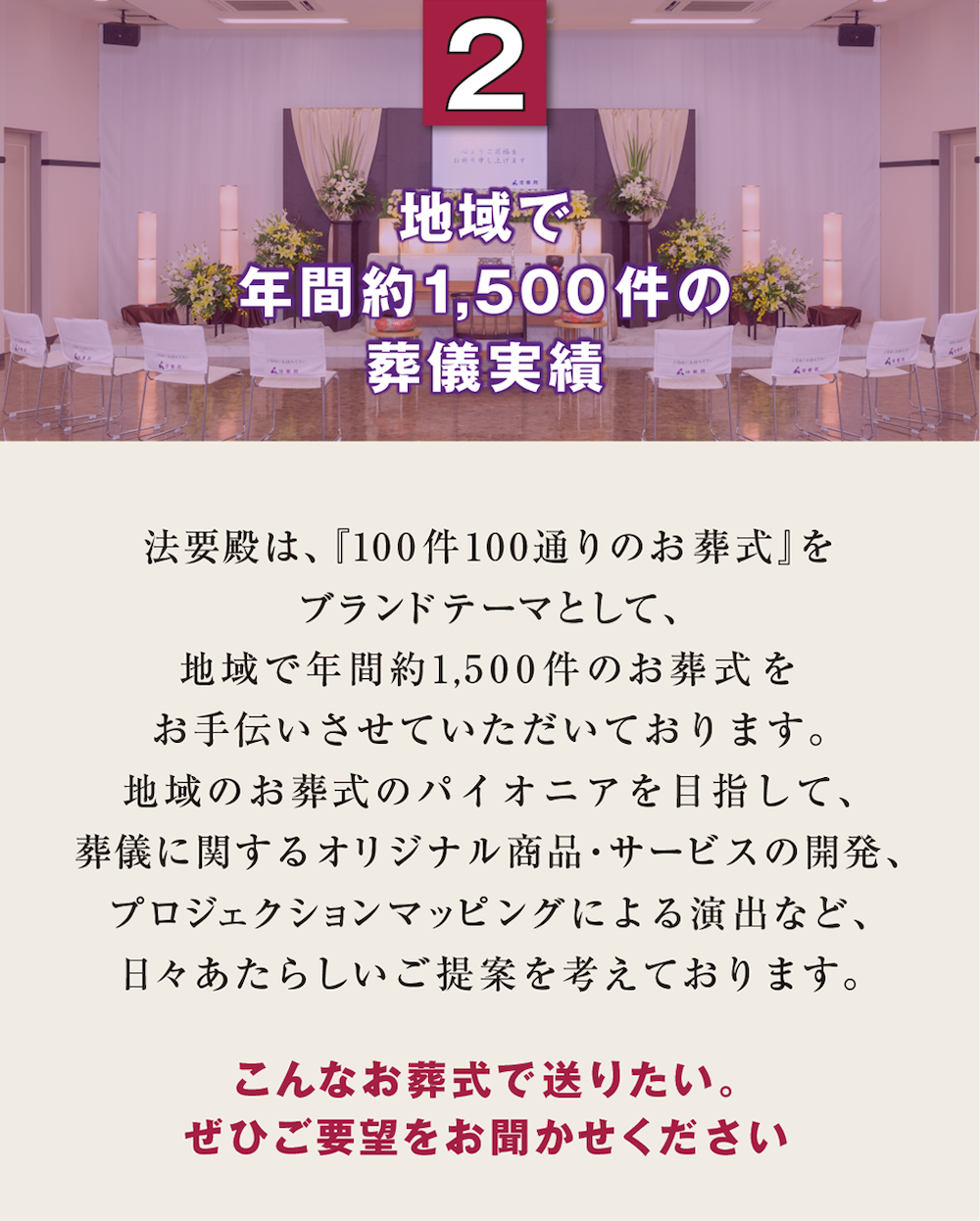 2. 地域で年間約1500件の葬儀実績　法要殿は、『100件100通りのお葬式』をブランドテーマとして、地域で年間約1500件のお葬式をお手伝いさせていただいております。地域のお葬式のパイオニアを目指して、葬儀に関するオリジナル商品・サービスの開発、プロジェクションマッピングによる演出など、日々あたらしいご提案を考えております。『こんなお葬式で送りたい。ぜひご要望をお聞かせください』